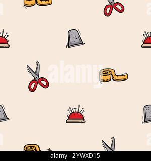 Seamless pattern with scissors, thimble, pincushion and measuring tape. Vector background associated with handmade Stock Vector