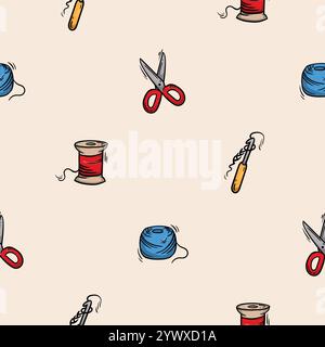 Seamless pattern with scissors, sewing and knitting threads and crochet. Vector background associated with handmade Stock Vector