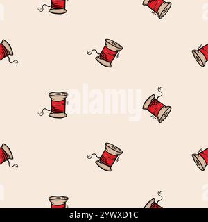 Seamless pattern with a spool of red thread for sewing. Vector background associated with handmade, needlework Stock Vector