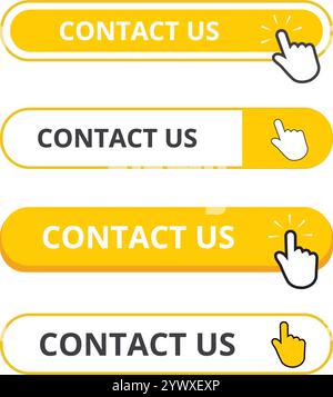 White and yellow contact us button with a hand clicking on a white background Stock Vector
