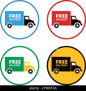 Free delivery colored round buttons with text on a white background with copy space Stock Vector