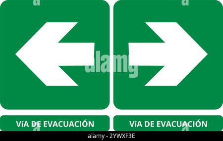 Via de evacuación green directional signs on a white background (trad. evacuation route) Stock Vector