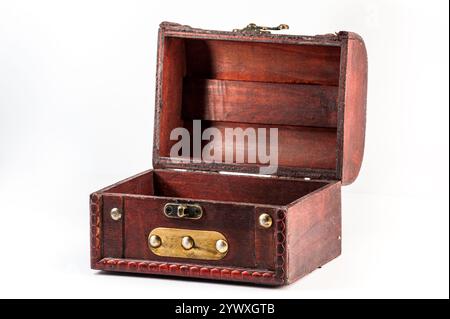 Wide open old antique chest isolated on white background Stock Photo