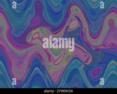 Colourful swirled pattern in pink, purple, blue colours. Wavy fluid backdrop. Pastel colours. Liquid paints mixing. Psychedelic backdrop 1970's style. Stock Photo