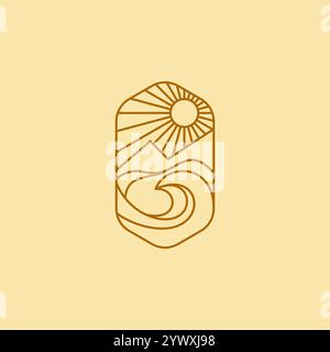 Sun Mountain And Wave Line Art Logo Design Stock Vector