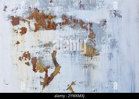 Closeup of scraped paint on metal wall with rust background texture. Stock Photo
