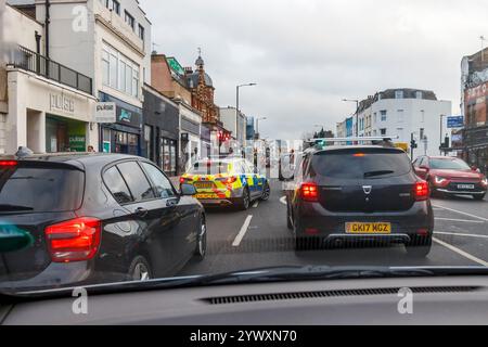 Traffic on Holloway Road, seen through a car windscreen, London, UK Stock Photo