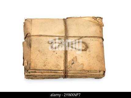 Pack of vintage letters tied up with ribbon isolated on white background, overhead view Stock Photo