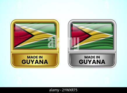 Made in Guyana label icon in gold and silver color. Flag icon set for business Stock Vector