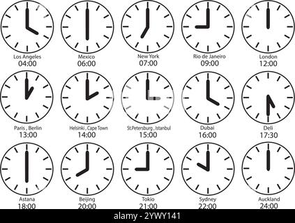 Clock icons set. Dial with hands. Different time. Black and white illustration. Stock Vector