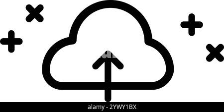 WebIcon features a cloud with an upward arrow, representing upload functionality. Surrounding it are minimalistic plus and cross symbols. Upload Stock Vector