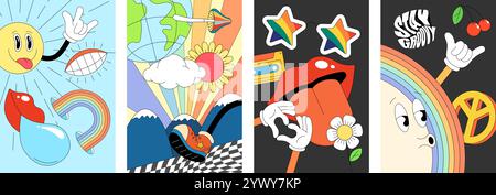 Retro 90s inspired psychedelic posters. Bright hippie style designs with mountains, sun rays, flowers and waves. Funky Y2K characters and groovy vintage cartoon elements in a bold vector set Stock Vector