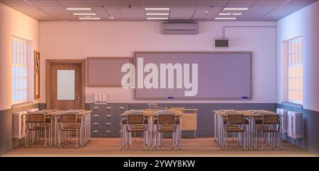 Empty classroom with desks and chalkboard 3d render background Stock Photo