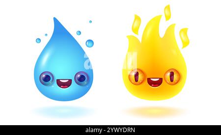 Vector illustration of water drop and fire flame in 3D style with kawaii face. Vector icon of rain drop and fire in realistic style. Kawaii nature emo Stock Vector