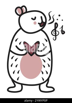 Cute singing capybara, black line vector doodle, trendy kawaii singer character, big friendly rodent musician for a postcard, coloring page, fabric pr Stock Vector