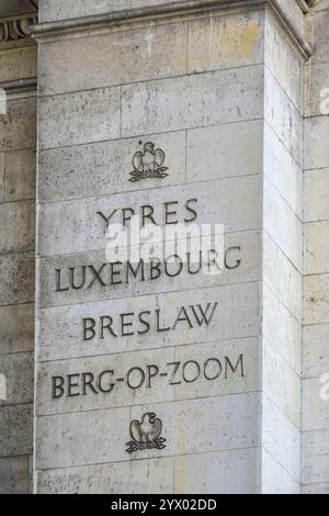 Famous battle site names on the walls of the Arc de Triumphe in Paris, France Stock Photo