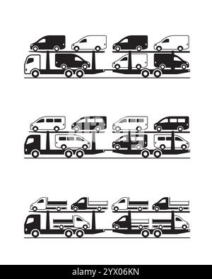 Truck carrying mini buses and pickups  – vector illustration Stock Vector
