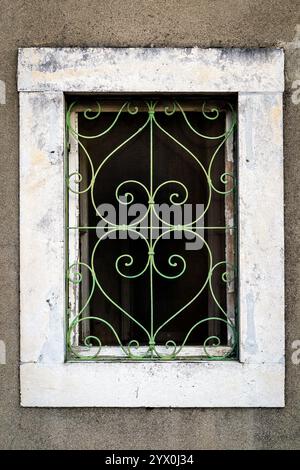 Rusty green metal window with decorative bars Stock Photo