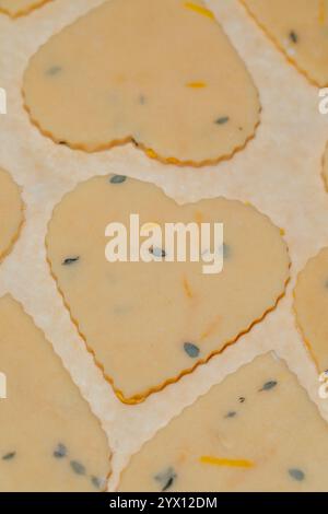 lemon thyme shortbread cookie dough in heart shapes on baking parchment paper Stock Photo