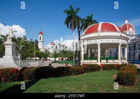 The Palacio de Gobierno, the cathedral, the monument and the gazebo in Jose Marti Park, Cienfuegos, Cuba Stock Photo