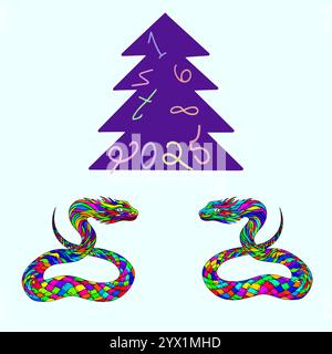 New Year card with two snakes and a Christmas Tree Stock Vector