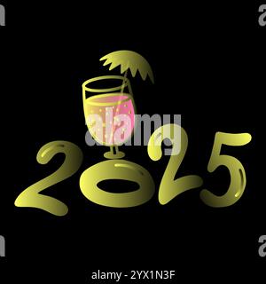 New Year Card in yellow neon color on black background Stock Vector