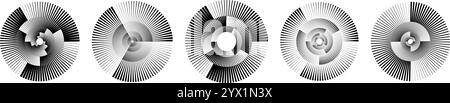 Black radial spiral pattern set. Circular rotating speed line form collection. Spinning circle sound wave bundle. Abstract music waveform element pack for icon, badge, logo, tag, label, record. Vector Stock Vector
