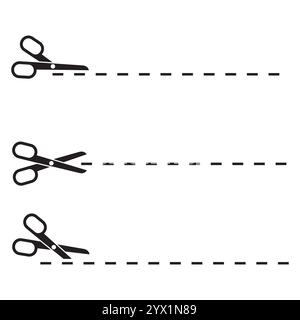 Scissors and dashed lines. Multiple cutting tools. Simple vector illustration. Black and white. Stock Vector