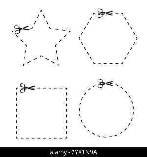 Cutout coupon set. Star, circle, hexagon shapes. Dashed lines scissors. Simple vector illustration. Stock Vector