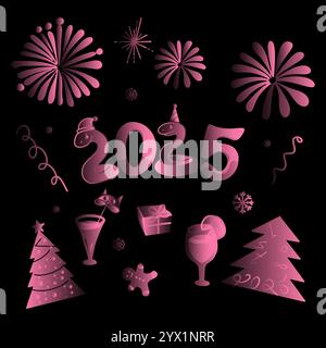 New Year card in pink neon style Stock Vector