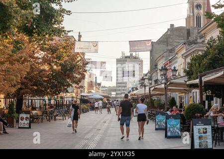 NOVI SAD, SERBIA - 18 JULY 2024: People walk along Zmaj Jovina Street, a central pedestrian zone lined with cafés, shops, and historic facades. Novi s Stock Photo