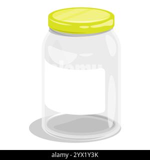 Empty tall glass jar for food canning closed yellow metal lid. Summer harvest and preparation of food stocks for winter. Cartoon vector isolated on wh Stock Vector
