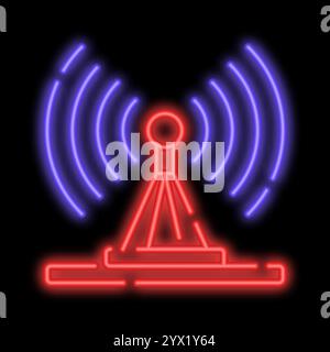 Glowing television radio tower sends signal to receiving device. Communication antenna for transmitting radio waves. Night advertising sign element. G Stock Vector