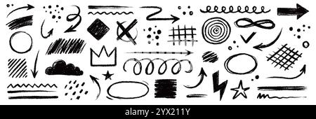 Arrow brush line chalk sketch texture brush vector set. Crayon marker scribble sketch stroke arrow element line brush hand drawn design. Texture abstract chalk, crayon style. Vector illustration Stock Vector