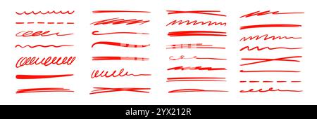 Red marker underline brush stroke set. Marker red pen highlights squiggle stroke. Vector swoosh brush handwritten underline set for accent, pencil emphasis element. Vector illustration Stock Vector