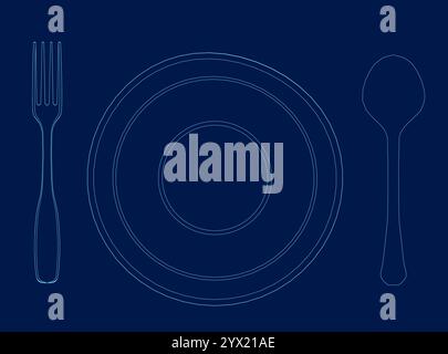 Plate, fork and knife icon with blue stroke Stock Vector