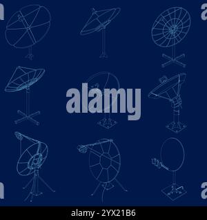 Blue contour satellite antenna silhouette set. Satellite dish global cyberspace connection digital information receiver set isometric vector. Vector i Stock Vector