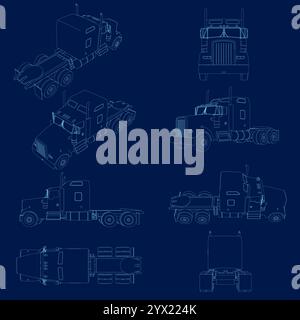 Vector set of contour the cargo trucks, a semi-trailer truck outline and a set of vehicle icons Stock Vector