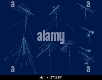 Set of outline Antenna from blue lines. Vector illustration Stock Vector