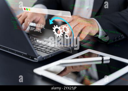 Update software application installing progress. Computer laptop hardware upgrade technology concept. Software update or operating system upgrade. Upd Stock Photo