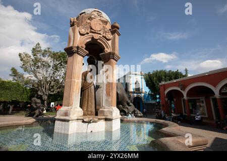 Jiquilpan, Michoacán, Mexico- December 24, 2023: Water bubbles out of the historic Aquadora Fountain in the central district. Stock Photo