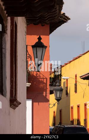 Jiquilpan, Michoacán, Mexico- December 24, 2023: Afternoon light shines on the colonial streets and buildings of central Jiquilpan. Stock Photo