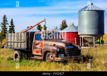 An old truck is parked in a field next to a silo. The truck is rusted and has a lot of character. The silo is tall and metallic, and it is surrounded Stock Photo