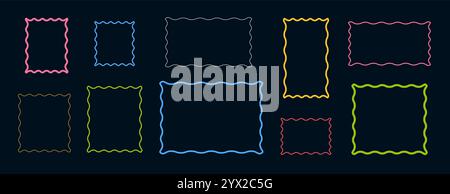 Wavy frames set, colorful modern zigzag borders. Squiggly shapes design. Stock Vector