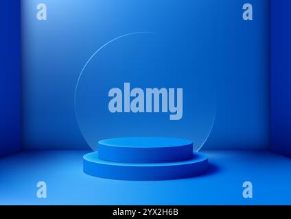 Minimalist 3D design of a blue podium with a transparent circle on a gradient blue background. Product mockups, branding displays, showroom presentati Stock Vector