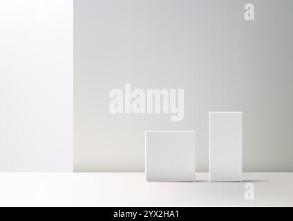 Minimalist 3D scene featuring two white geometric boxes on a clean background. Perfect for modern product displays, branding, mockups, and creative sh Stock Vector