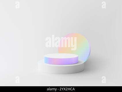 Bright and minimal 3D design featuring a rainbow podium with a sleek white base and a gradient circle background. Ideal for product displays and styli Stock Vector