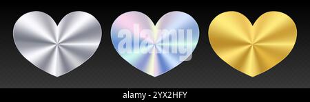 Heart stickers. Holographic, silver and golden heart labels with metallic effect. Stock Vector