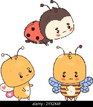 Pixel-art. Cute little bee, butterfly and ladybug collection. Isolated funny pixelation insect character. Vector illustration. Stock Vector