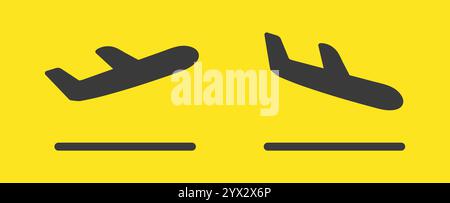 Take off and landing Plane icon symbol set. Arrivals, departures Flight transport sign logo. Airplane vector image. Travel flat illustration. Isolated Stock Vector